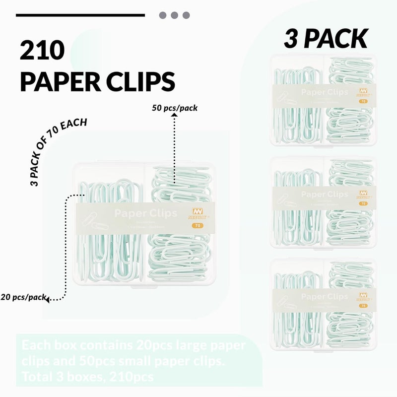NEEWAY Colorful Paper Clips Assorted Sizes, Small and Large Paperclips, 210 Count, 3 Pack of 70 (Light Green) - Image 3